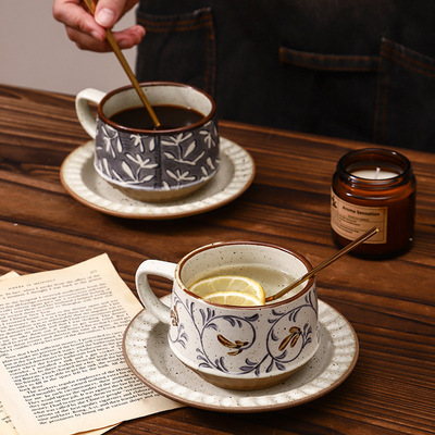 Commercial coffee cup set retro cup latte cup simple floral milk tea cup Japanese ceramic cup and saucer wholesale